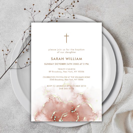 Elegante Boho Terracotta Agaat Goud Kruis Doop Kaart