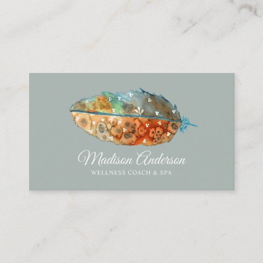 Elegante Boho Terracotta Blauwe Waterverf Veer Visitekaartje (Voorkant)