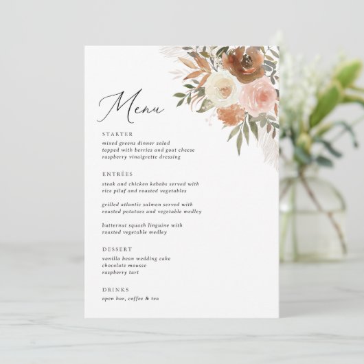 Elegante Boho Terracotta Floral 5 x 7 bruiloft Menu (Staand voorkant)