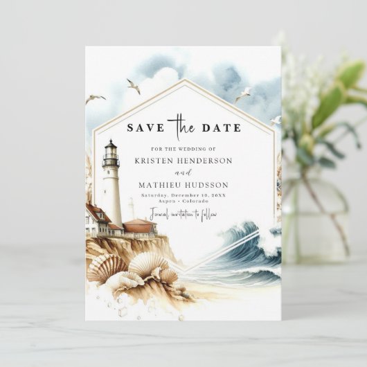 Elegante Boho Typografie Vuurtoren bruiloft Save The Date (Staand voorkant)