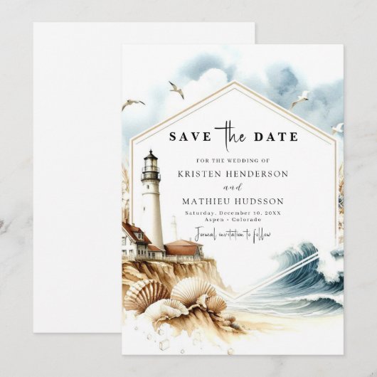 Elegante Boho Typografie Vuurtoren bruiloft Save The Date (Voorkant / Achterkant)