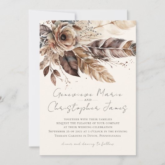 Elegante Boho Veer Bloemen Waterverf Bruiloft Kaart (Voorkant)