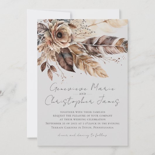 Elegante Boho Veer Bloemen Waterverf Bruiloft Kaart (Voorkant)