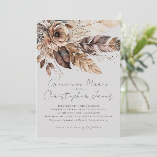 Elegante Boho Veer Bloemen Waterverf Bruiloft Kaart (Staand voorkant)