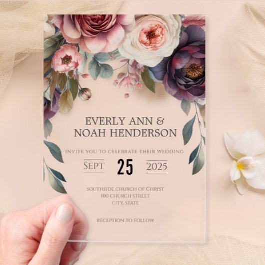 Elegante Boho Victoriaans Rose Bouquet bruiloft Acryl Uitnodigingen