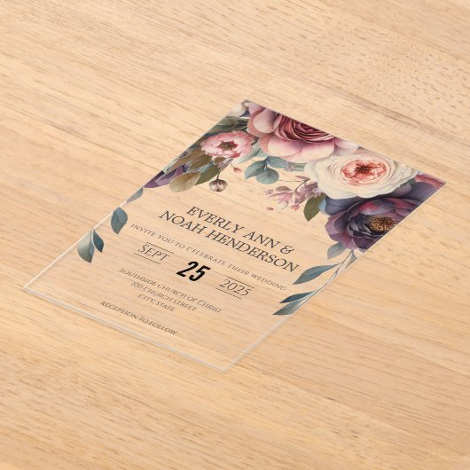 Elegante Boho Victoriaans Rose Bouquet bruiloft Acryl Uitnodigingen (Laagn)
