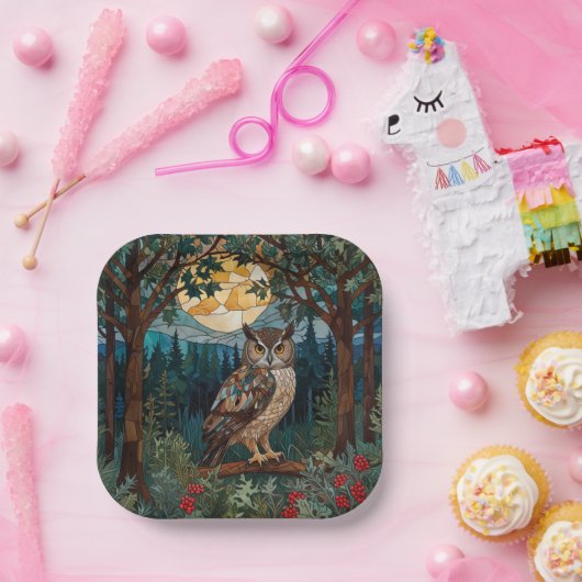 Elegante boho vlek glas uil bos papieren bordje (Feest)