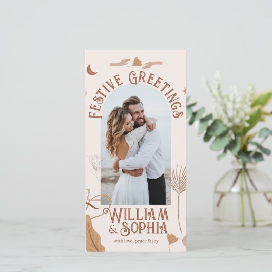 Elegante Boho Vrolijk Kerstfeest Nieuw Weds 1 Foto Feestdagenkaart (Staand voorkant)