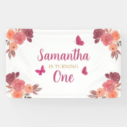 Elegante Boho Waterverf Bloem Eerste Verjaardag Spandoek
