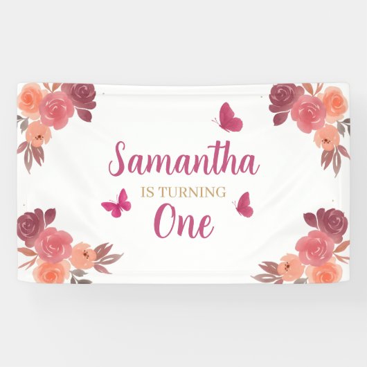 Elegante Boho Waterverf Bloem Eerste Verjaardag Spandoek (Horizontaal)