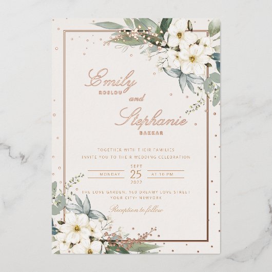 Elegante Boho Waterverf Bloem Zwarte Gouden Bruilo Folie Uitnodiging (Voorkant)