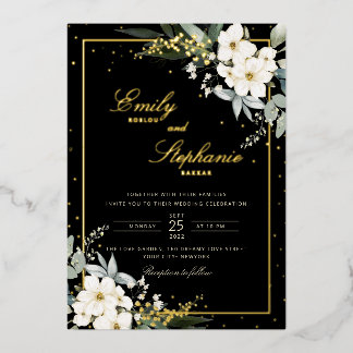 Elegante Boho Waterverf Bloemen Zwart Goud Bruilof Folie Uitnodiging