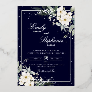 Elegante Boho Waterverf Bloemen Zwart Goud Bruilof Folie Uitnodiging
