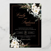 Elegante Boho Waterverf Bloemen Zwart Goud Bruilof Folie Uitnodiging (Voorkant)