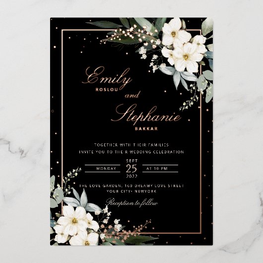 Elegante Boho Waterverf Bloemen Zwart Goud Bruilof Folie Uitnodiging (Voorkant)