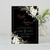 Elegante Boho Waterverf Bloemen Zwart Goud Bruilof Folie Uitnodiging (Staand Voorkant)
