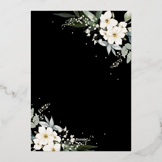 Elegante Boho Waterverf Bloemen Zwart Goud Bruilof Folie Uitnodiging (Achterkant)