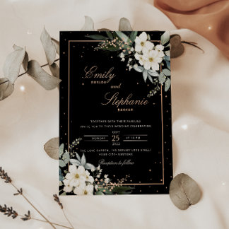 Elegante Boho Waterverf Bloemen Zwart Goud Bruilof Folie Uitnodiging