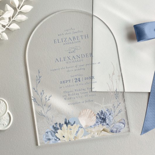 Elegante Boho Waterverf Coral Beach Wedding Arch Acryl Uitnodigingen