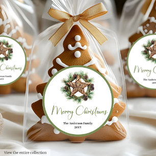 Elegante Boho Waterverf Dennengroen Kerstkrans Ronde Sticker