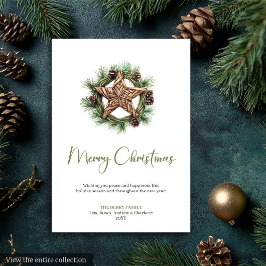 Elegante Boho Waterverf Dennengroene Kerstkaart