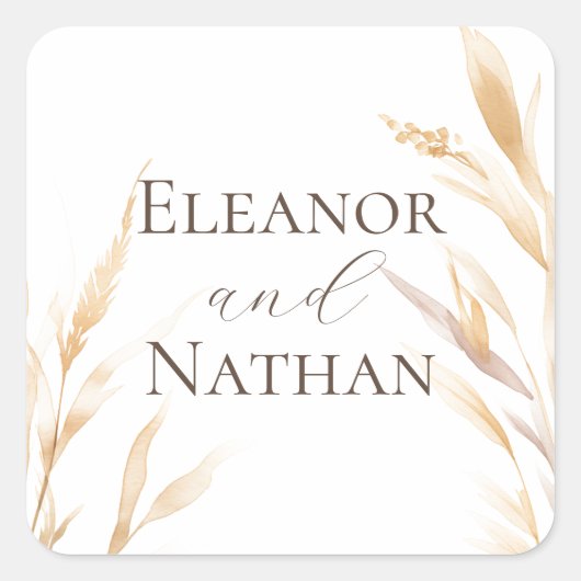 Elegante Boho Waterverf Pampas Herfst Bruiloft Vierkante Sticker (Voorkant)