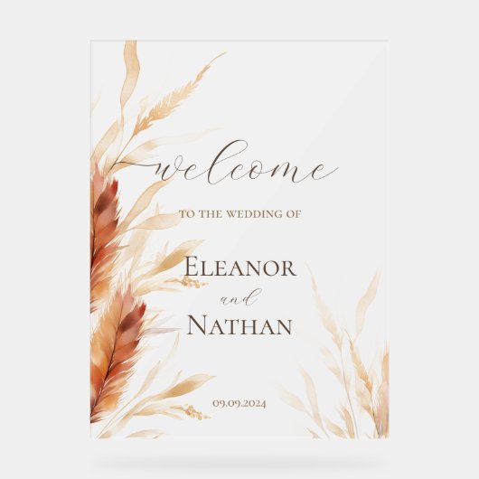 Elegante Boho Waterverf Pampas Herfstbruiloft Acryl Bord (Voorkant)