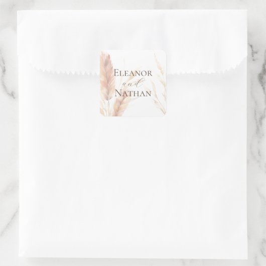 Elegante Boho Waterverf Pampas Herfstbruiloft Vierkante Sticker (Tas)