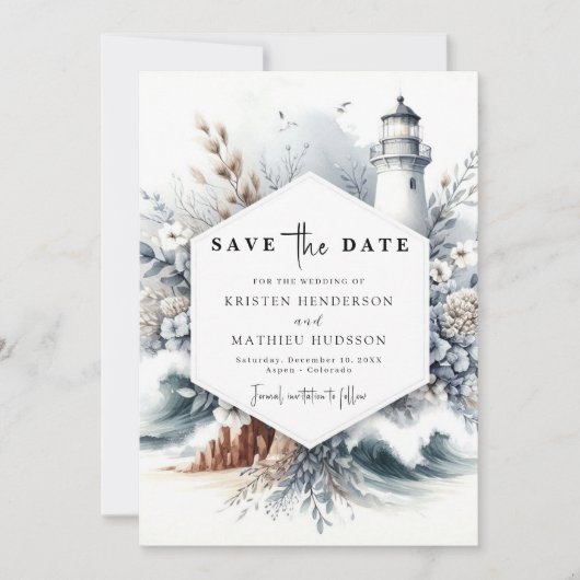 Elegante Boho Waves vuurtoren bruiloft Save The Date (Voorkant)