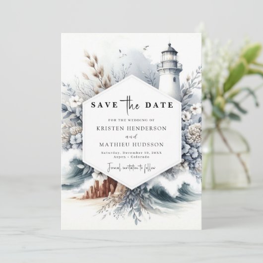 Elegante Boho Waves vuurtoren bruiloft Save The Date (Staand voorkant)