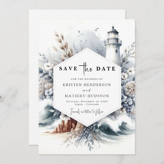 Elegante Boho Waves vuurtoren bruiloft Save The Date (Voorkant / Achterkant)