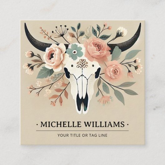 Elegante Boho Western Bull Koe Skull met QR-code Vierkante Visitekaartje (Voorkant)