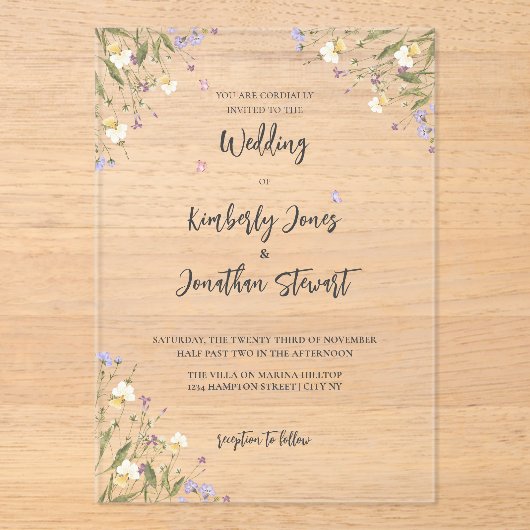 Elegante Boho Whimsical wilde bloemen bruiloft Acryl Uitnodigingen (Voorkant)