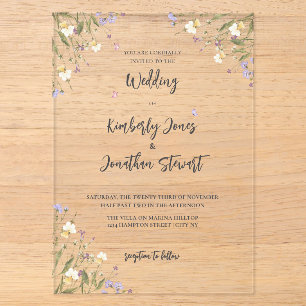 Elegante Boho Whimsical wilde bloemen Huwelijk Acryl Uitnodigingen