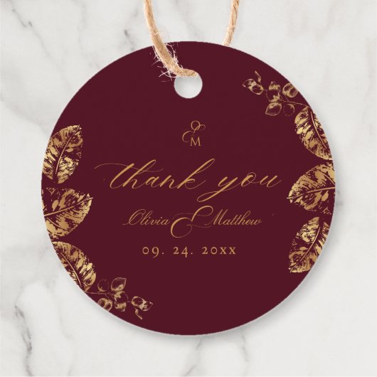 Elegante Boho | Wijnrood en Gouden Herfst Bruiloft Bedankjes Labels (Achterkant)