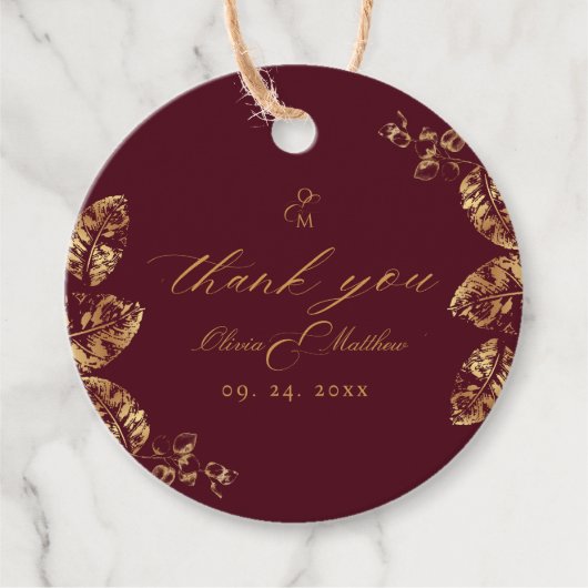 Elegante Boho | Wijnrood en Gouden Herfst Bruiloft Bedankjes Labels (Voorkant)