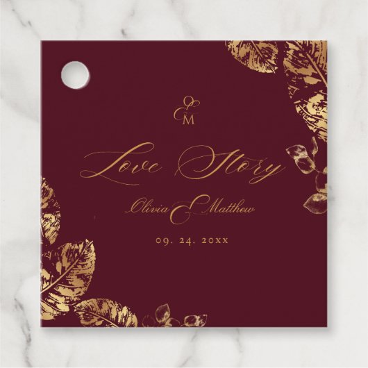 Elegante Boho | Wijnrood en Gouden Herfst Bruiloft Bedankjes Labels (Voorkant)