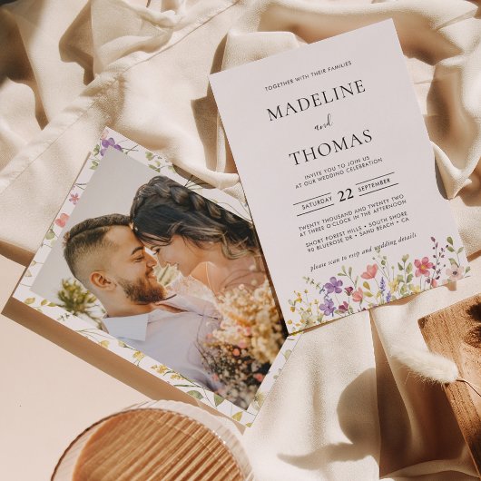 Elegante Boho Wild Flower Foto Bruiloft Kaart