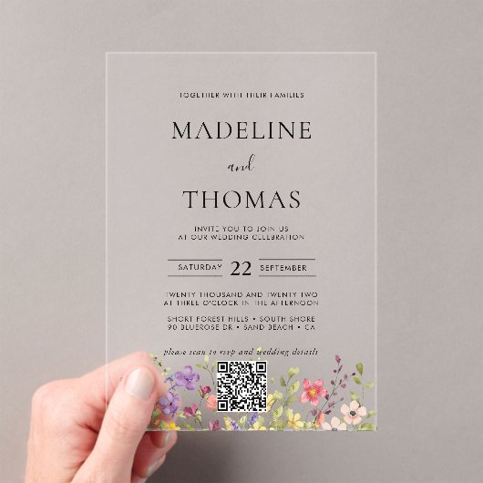 Elegante Boho Wild Flower Foto QR Code Bruiloft Acryl Uitnodigingen (Insitu (Draagbaar))