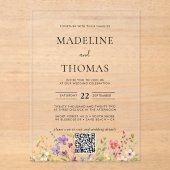 Elegante Boho Wild Flower Foto QR Code Bruiloft Acryl Uitnodigingen (Voorkant)