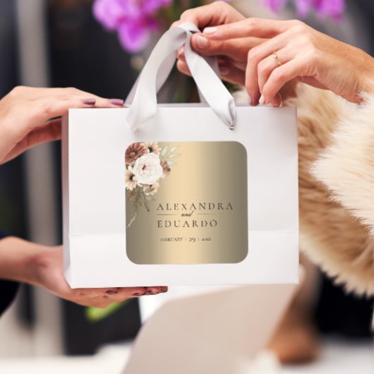 Elegante Boho Wildbloemen Gouden Bruiloft Vierkante Sticker