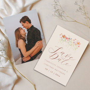 Elegante Boho Wilde Bloem Beige Foto Huwelijk Save The Date