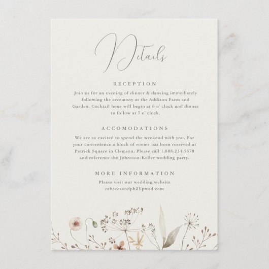 Elegante Boho Wilde Bloem Bruiloft Details Informatiekaartje (Voorkant)