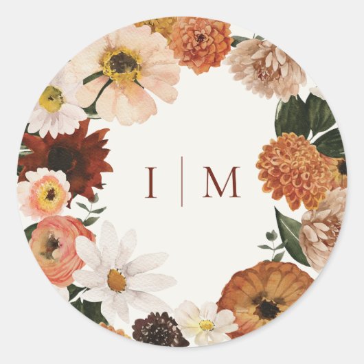 Elegante Boho Wilde Bloem Bruiloftsmonogram Ronde Sticker (Voorkant)