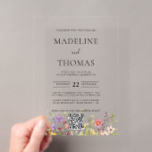 Elegante Boho Wilde Bloem Foto QR Code Trouwen Acryl Uitnodigingen (Insitu (Draagbaar))
