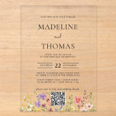 Elegante Boho Wilde Bloem Foto QR Code Trouwen Acryl Uitnodigingen (Voorkant)