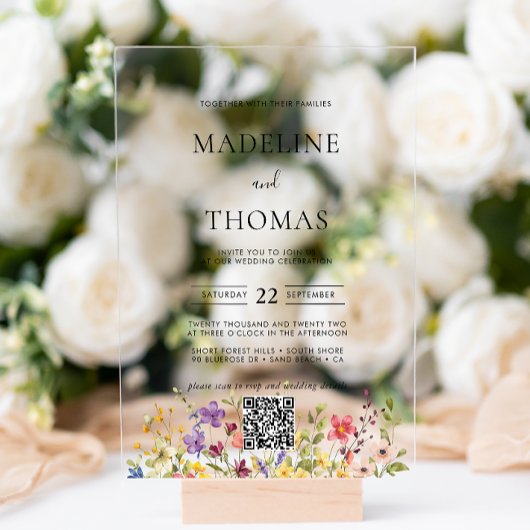 Elegante Boho Wilde Bloem Foto QR Code Trouwen Acryl Uitnodigingen