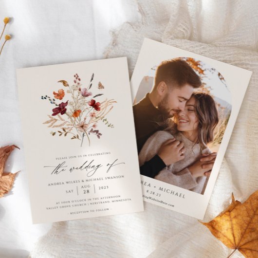 Elegante Boho Wilde Bloem Herfst Trouwfoto Kaart