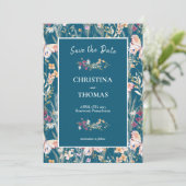 Elegante Boho Wilde Bloemen Blauwe Save the Date  Kaart (Staand voorkant)