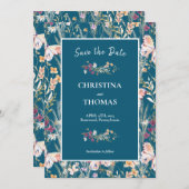 Elegante Boho Wilde Bloemen Blauwe Save the Date  Kaart (Voorkant / Achterkant)